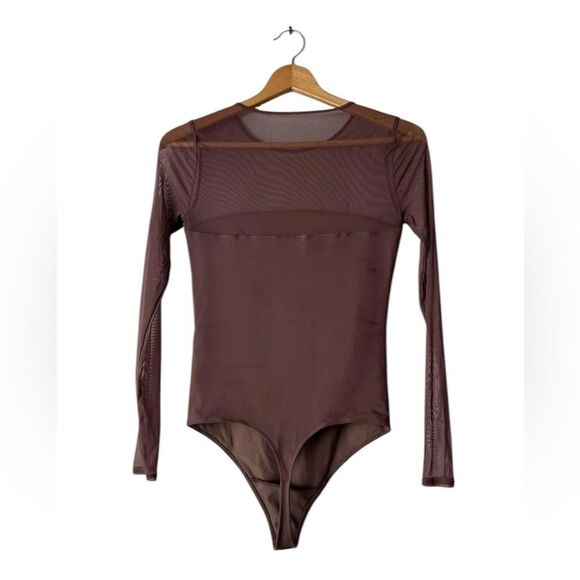 Abercrombie & Fitch Long-Sleeve Mesh Slash Bodysuit in brown NWT S - Picture 2 of 4